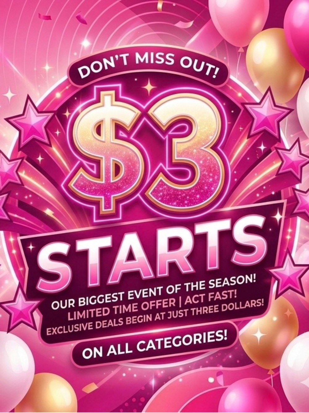 Pink Party Sale Poster - Vibrant $3 Event Promotional Sign